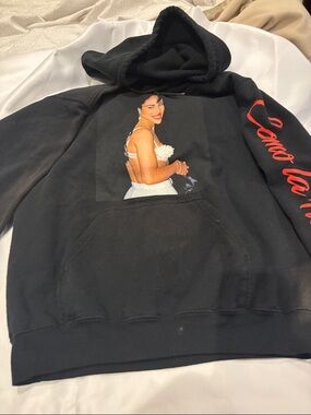 Black Graphic Selena Tribute Hoodie with Red Sleeve Script - Women's Sweatshirt